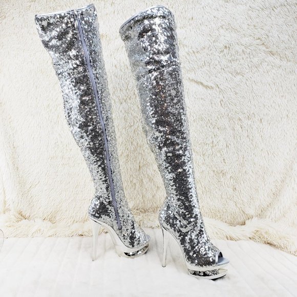 Silver Sequin Open Toe Thigh High Heel Boots - Picture 4 of 15